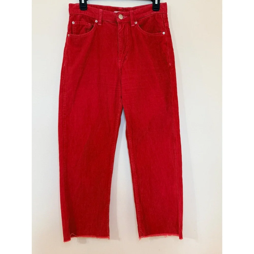 BDG Urban Outfitters Cowboy Jean Red Corduroy High Rise Raw Hem Pants Size 28